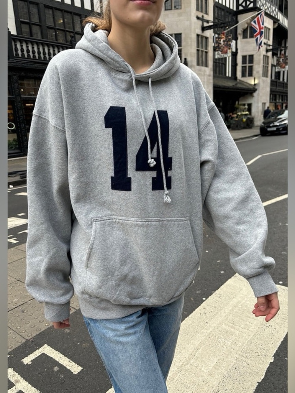 Brandy Melville Gray Hoodie with Navy '14' Graphic
